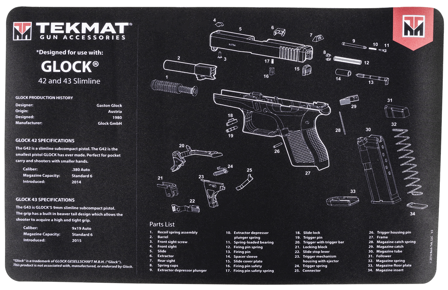 TekMat TEKR17GLOCK4243 Glock 42/43 Cleaning Mat Black/White Rubber 11"x17" Glock 42/43 Parts Diagram