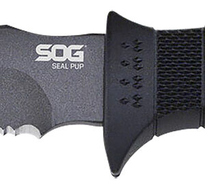S.O.G SOGM37K Seal Pup  4.75" Fixed Clip Point Part Serrated Powder Coated AUS-8A SS Blade Black w/Raised Diamond Pattern GRN Handle Includes Sheath