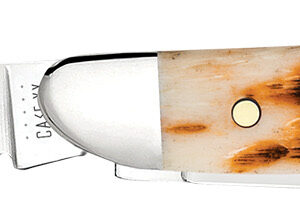 Case 00045 Peanut 2.10"/1.53" Folding Clip Point/Pen Plain Mirror Polished Tru-Sharp SS Blade, Peach Seed Jigged Amber Jigged Bone Handle