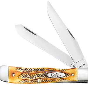 Case 65345 Trapper 3.25" Folding Clip Point/Spey Plain Mirror Polished Tru-Sharp SS Blades, Burnt Dark Amber 6.5 BoneStag Handle, Includes Pocket Clip