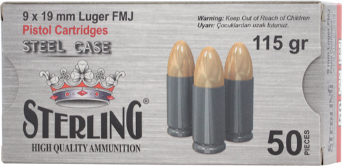 STERLING STEEL CASE 9MM 115 GR - FMJ 50 RD BOX 30 BOXES/CASE