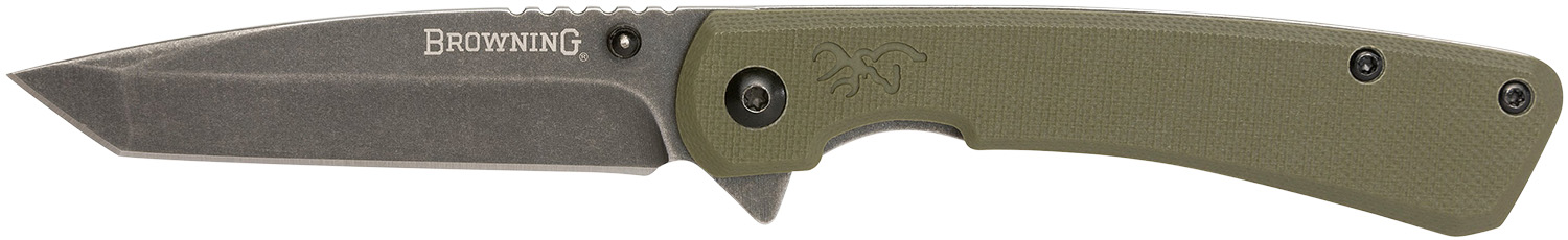 Browning 3220507 Branded Rock EDC 3" Folding Tanto Plain Black Stonewashed 7Cr17MoV SS Blade OD Green, G10 Handle