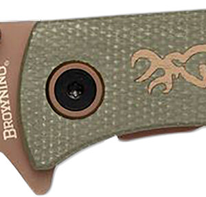 Browning 3220516 Trailside  EDC Small 3" Folding Modified Drop Point Plain Titanium Finish D2 Steel Blade, Green Micarta Handle