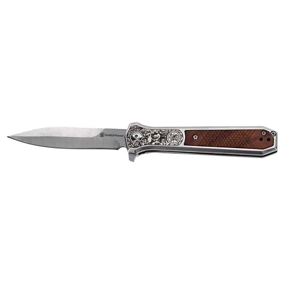 Smith & Wesson KT Unwavered Spring Assist Folding Knife 3-1/5" Dagger Blade Silver with Brown Box