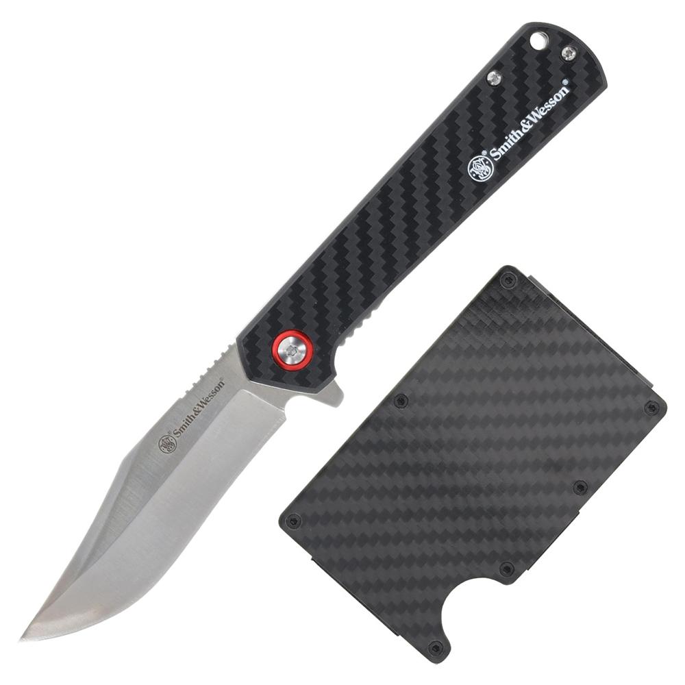 Smith & Wesson Folding Knife and Wallet Combo 3-3/10" Clip Point Blade Black